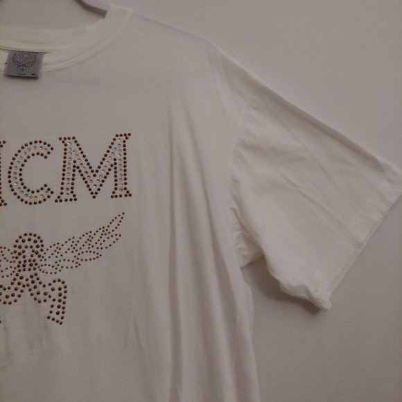 MCM  Womens White Swarovski Crystals Logo Short Sleeve T-Shirt XL - Picture 5 of 10